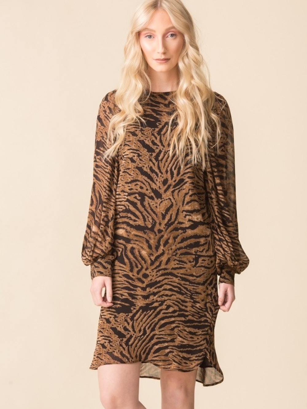 Ganni Tiger Print Georgette Mini Dress Size 40, 8 Puff Sleeve Viscose
